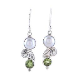 Moonrise Garden,'Cultured Pearl Peridot Sterling Silver Leaf Dangle Earrings'
