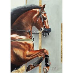 Indomitable Force,'Signed Unstretched Impressionist Oil Painting of Brown Horse'