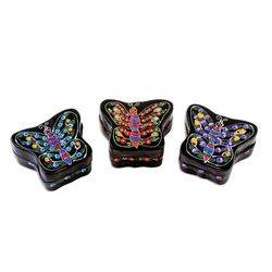 Lacquered wood boxes, 'Butterflies in Bloom' (set of 3)