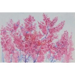 'My Home IV' Birds on Cherry Blossoms Watercolor Monoprint from Thailand