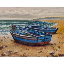 Sweet Blue Sea,'Signed Realist Painting of Two Blue Boats from Peru'