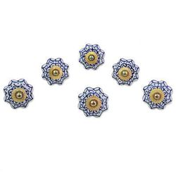 Radiant Blue Flowers,'Ceramic Brass Cabinet Knobs Floral (Set of 6) from India'