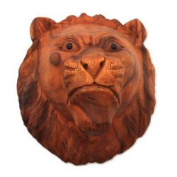 Pensive Lion,'Hand Carved Lion Wall Mask in Suar Wood from Bali'
