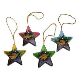Island Ducklings,'Hand Painted Star Ornaments with Ducklings (Set of 4)'