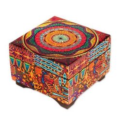 Huichol Mandala,'Petite Pinewood Decoupage Box with Huichol Icons'