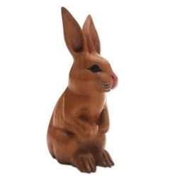 Cute Bunny in Brown,'Signed Wood Bunny Sculpture in Brown from Bali'