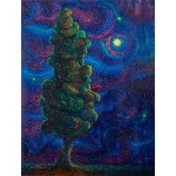 Tree Facing the Night,'Unstretched Acrylic Expressionist Painting of Tree at Night'