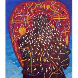 Competition Dynamic,'Oil on Canvas Surrealist Painting of Storks from Indonesia'