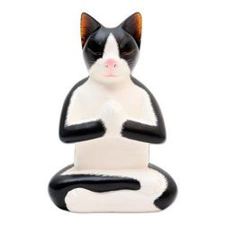 Tuxedo Cat Meditates,'Hand Carved Wood Kitty Cat Meditation Sculpture'