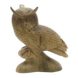 Focused Owl,'Hand-Carved Hibiscus Wood Sculpture of a Focused Owl'
