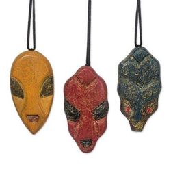 Mblo Masks,'Wood African Mask Ornaments from Ghana (Set of 3)'
