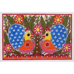 Spring Song,'Colorful Madhubani Painting of Peacocks from India'
