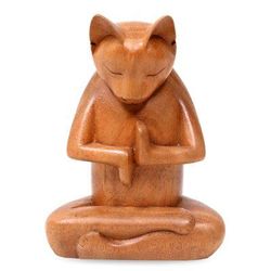 Wood sculpture, 'Full Lotus Cat'