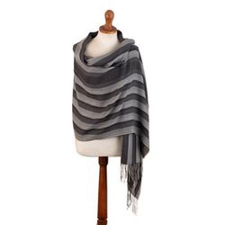 Classic Shades,'Handloomed Baby Alpaca Blend Striped Shawl in Black and Grey'