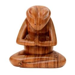 Wood sculpture, 'Asana Pose Yoga Frog'