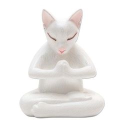 Grateful Cat in White,'Hand Carved Suar Wood Cat Statuette'
