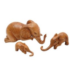Family Fun,'Hand-Carved Elephant Suar Wood Sculptures (Set of 3)'