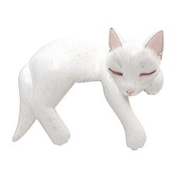 Lounging Cat in White,'Hand Carved Suar Wood Cat Statuette'