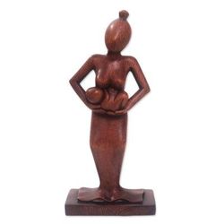 Adoring Mother,'Hand Carved Mother Cradling Baby in Arms Wood Statuette'