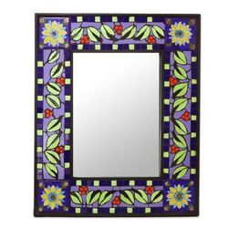 Sunny Leaves,'Ceramic Wall Mirror with Sun and Leaf Mosaic from India'