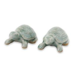 Celadon ceramic figurines, 'Sky Blue Resilient Turtles' (pair)