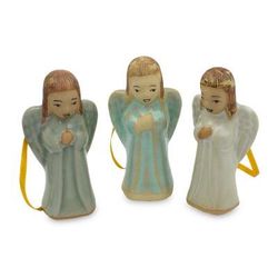 Celadon ceramic ornaments, 'Christmas Angel' (set of 3)
