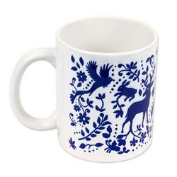 Blue Otomi ,'Artisan Crafted Otomi Blue Birds and Flowers Ceramic Mug'