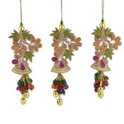 Beaded ornaments, 'Bells and Mistletoe' (set of 3)