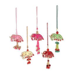 'Elephant-Themed Ornaments Crafted in India (Set of 5)'
