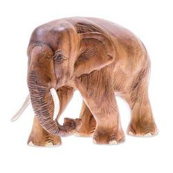 'Hand-Carved Teak Wood Elephant Sculpture from Thailand'