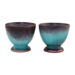 Serene Seas,'Turquoise and Brown Footed Ceramic Teacups (Pair)'