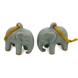 Light Blue Elephant,'Crackled Green Celadon Ceramic Ornaments (Pair)'