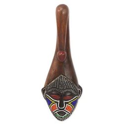 Scorpion Face,'Brown Wood Aluminum Recycled Glass Bead African Mask Ghana'
