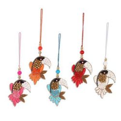 Glamorous Toucans,'Beaded Toucan Ornaments from India (Set of 5)'