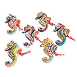 Seahorse Squadron,'Set of 6 Ceramic Seahorse Ornaments Handmade in Guatemala'