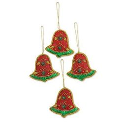 Vibrant Bells,'Set of Four Red Green Sequin Beaded Holiday Bell Ornaments'