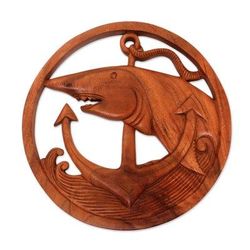 Anchor Shark,'Nautical Shark-Themed Wood Relief Panel from Bali'
