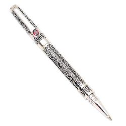 Balinese Love Song,'Keepsake Sterling Silver Ballpoint Pen with Red Garnet'