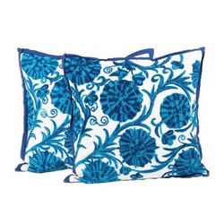 Embroidered cushion covers, 'Blue Dahlias' (pair)