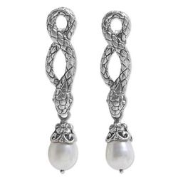 Snake Charms,'Sterling Silver and Cultured Freshwater Pearl Snake Earrings'