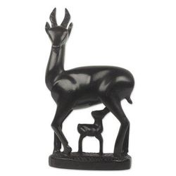Teakwood sculpture, 'Deer Mother and Child'