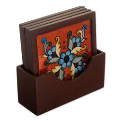 Morning Flowers,'Artisan Crafted Glass and Wood Coasters (Set of 4)'