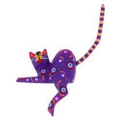 'Hand-Painted Purple Copal Wood Alebrije Cat Figurine'