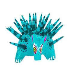 'Hand-Painted Wood Alebrije Porcupine Figurine in Jade Green'