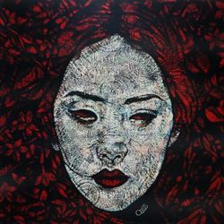 Embrace of Loneliness I,'Woman with Red Floral Background Stretched Acrylic Painting'