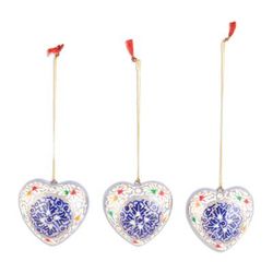 'Set of 3 Papier Mache Heart Ornaments Hand-Painted in India'