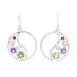 Sparkling Loop,'Circular Multi-Gemstone Dangle Earrings from India'