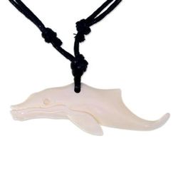 Handsome Whale,'Carved Whale Cow Bone Pendant on Black Cotton Necklace'