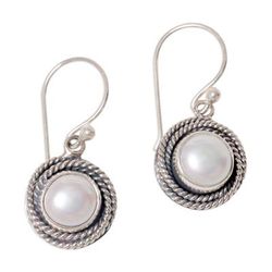 Nest of Chains in White,'Cultured Pearl Round Dangle Earrings from Indonesia'