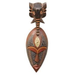 'Elephant-Themed African Sese Wood Mask in Black and Brown'